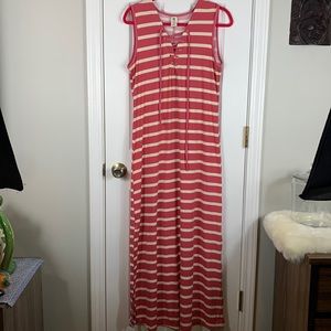 BE rose/beige striped maxi dress size Medium. Laces up at the chest